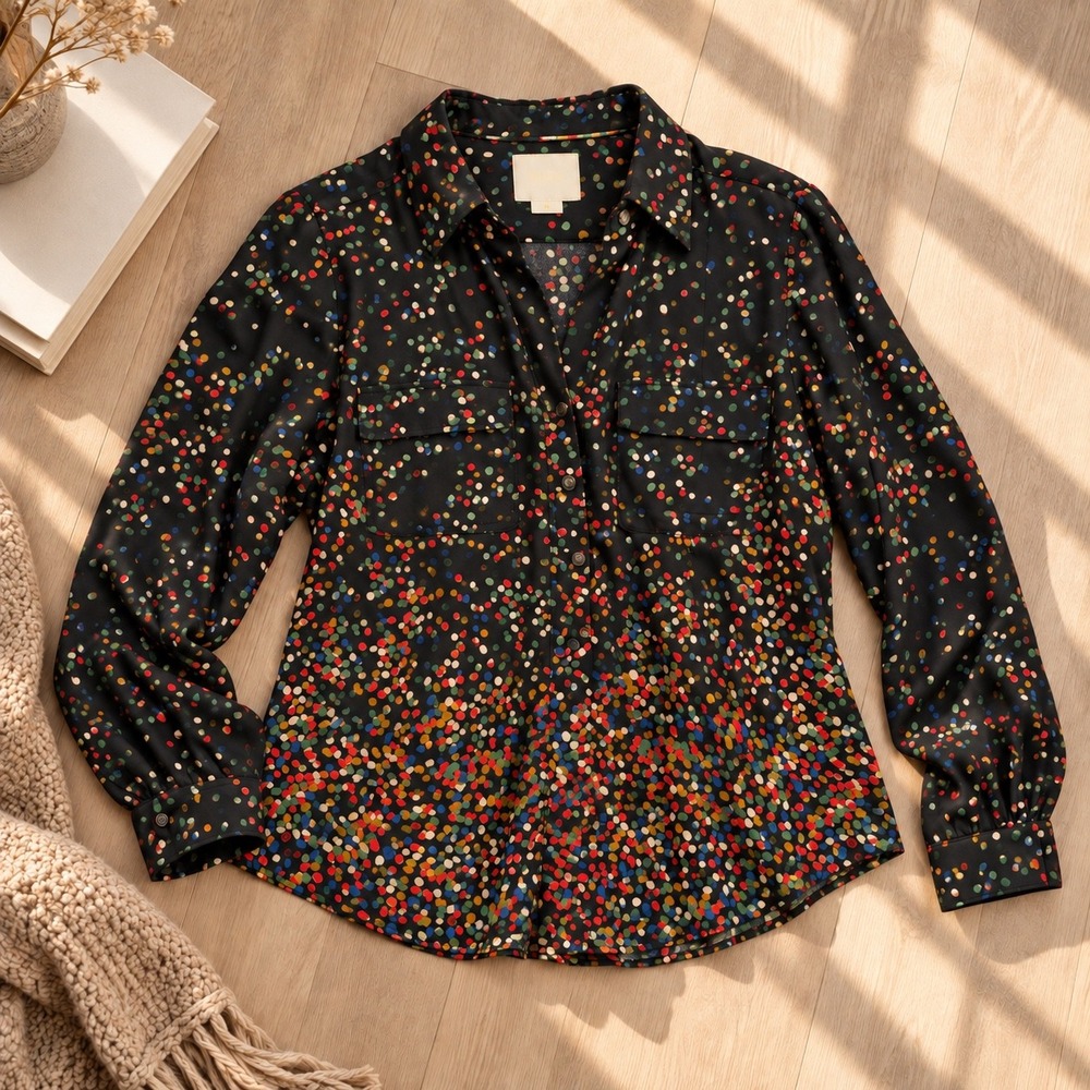 Anthropologie Maeve Wynwood Confetti Blouse 6P Black Multicolor Artsy Petite